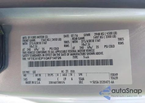 2016 Ford F-150 Xlt из США, поврежденный, VIN 1FTEX1EP1GKF14726